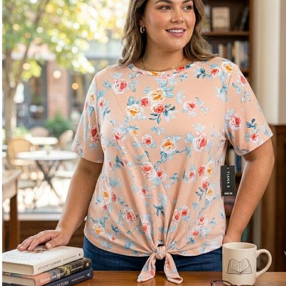 Tiana B. Tops - Tiana B. Floral Front-Tie Short Sleeve Top Size 2X Peach Pink Casual Blouse NWT